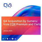 Resumen: Q4 Inc. recibe el apoyo del asesor de voto independiente ISS y hace públicos materiales que detallan por qué los accionistas deben votar A FAVOR de la propuesta de adquisición de maximización de valor por parte de Sumeru Equity Partners